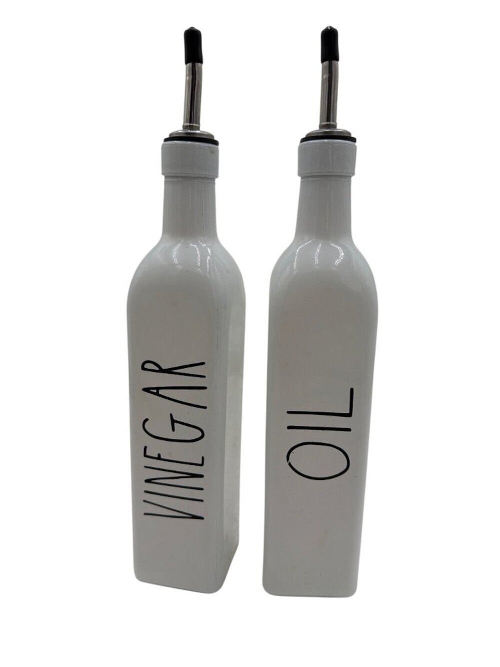 Oil & Vinegar Dispenser Set White Ceramic Black Spouts 10" Minimalist Design